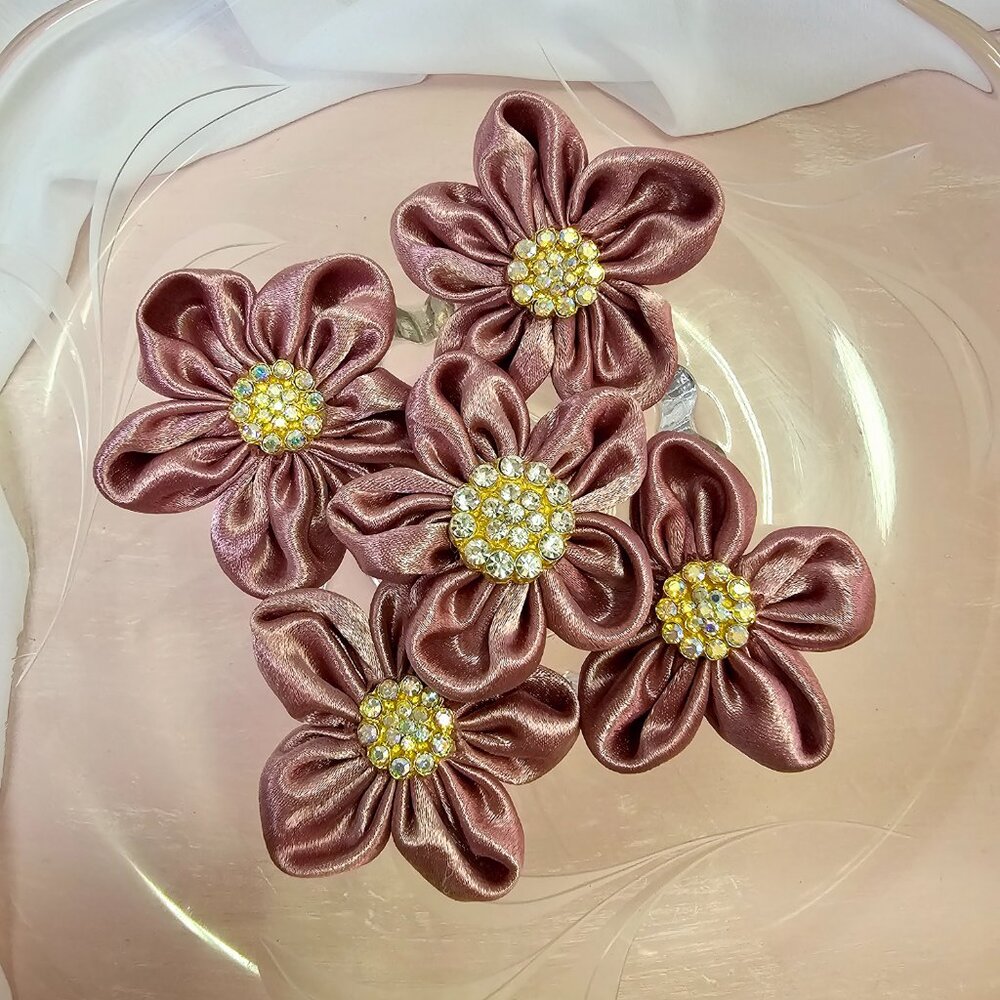 5pc Satin Sparkle Fabric Flower Set with Rhinestone Centers, Dusty Rose